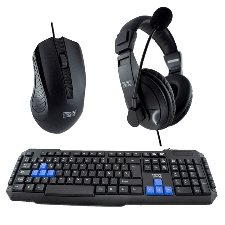 3Go Drile H2 Pack USB Teclado Multimedia + Raton 1000dpi 5 Botones + Auriculares con Microfono - Uso Ambidiestro - Color Negro 1