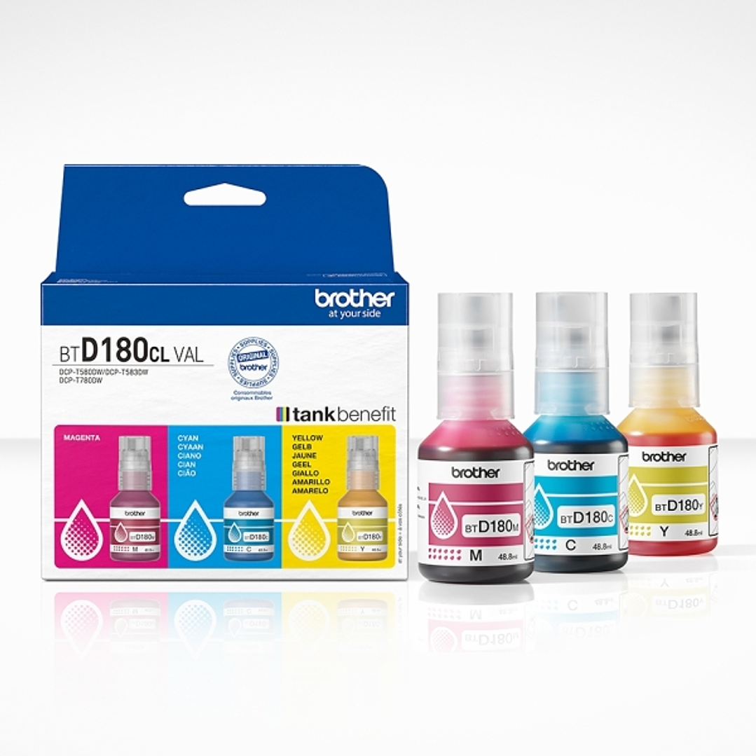 Brother BTD180CLVAL Pack de 3 Botellas de Tinta Original Cyan, Magenta y Amarillo - BTD180CLVAL 1