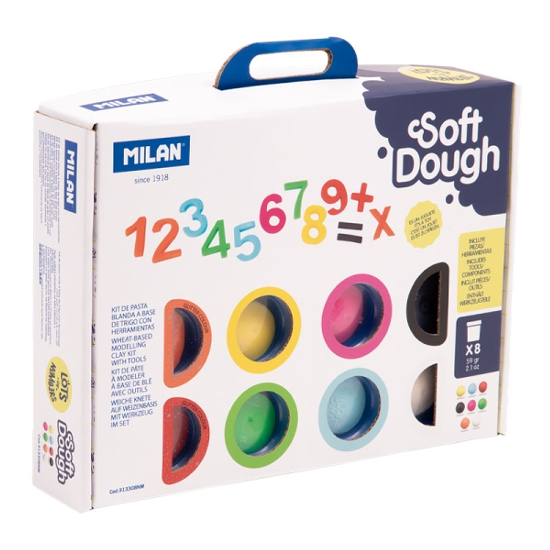 Milan Soft Dough Pack de 8 Botes de Pasta Blanda - Maletin con Herramientas - 59g por Unidad - 100% Vegetal - Moldeable - Sin Residuos - Colores Mezcl 1