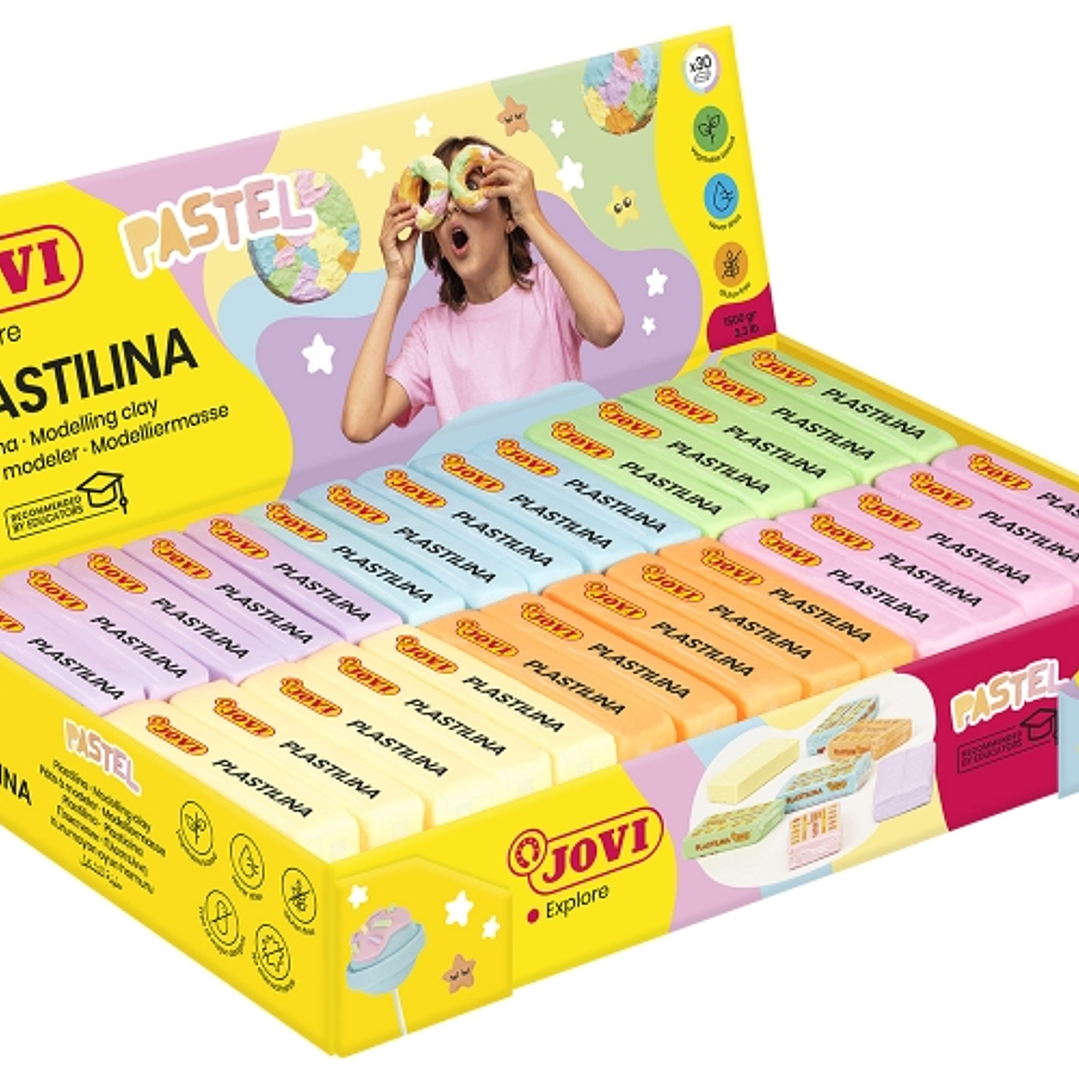 Jovi Expositor de 30 Pastillas de Plastilina 50gr - 100% Vegetal - Muy Moldeable - No Se Seca - Mezclables - Colores Pastel Surtidos 1