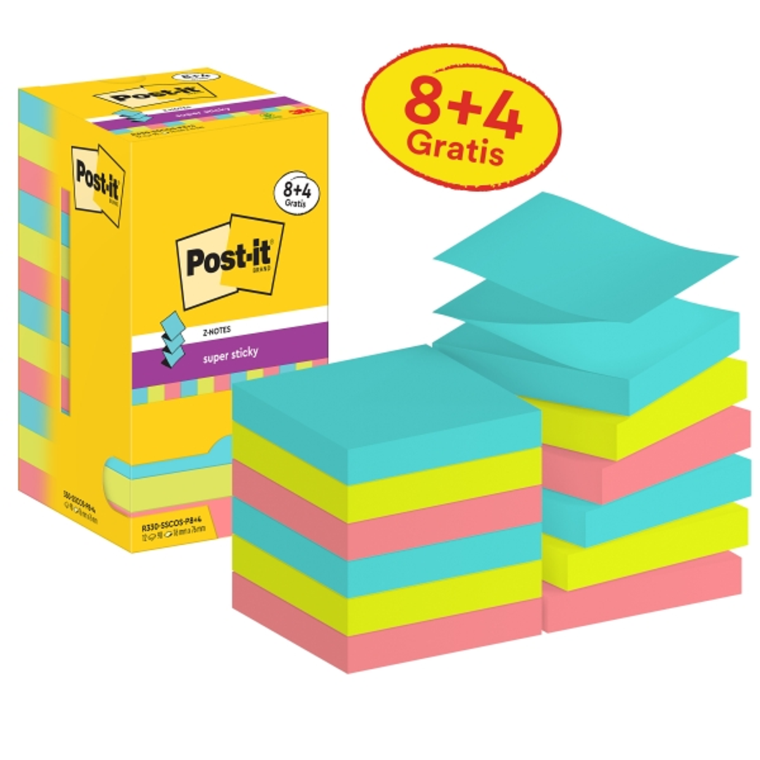 Post-It Super Sticky Pack de 12 Blocs de 90 Notas Adhesivas Reposicionables - Forma Cuadrada - 76x76mm - en Zig-Zag - Colores Surtidos 1