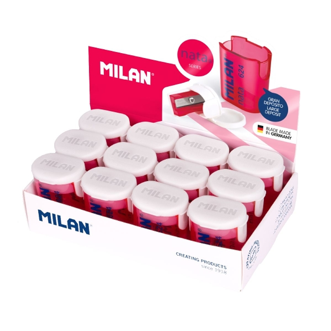 Milan Nata® 624 Expositor de 12 Sacapuntas con Deposito - Cuchilla de Acero - Color Blanco/Rosa 1