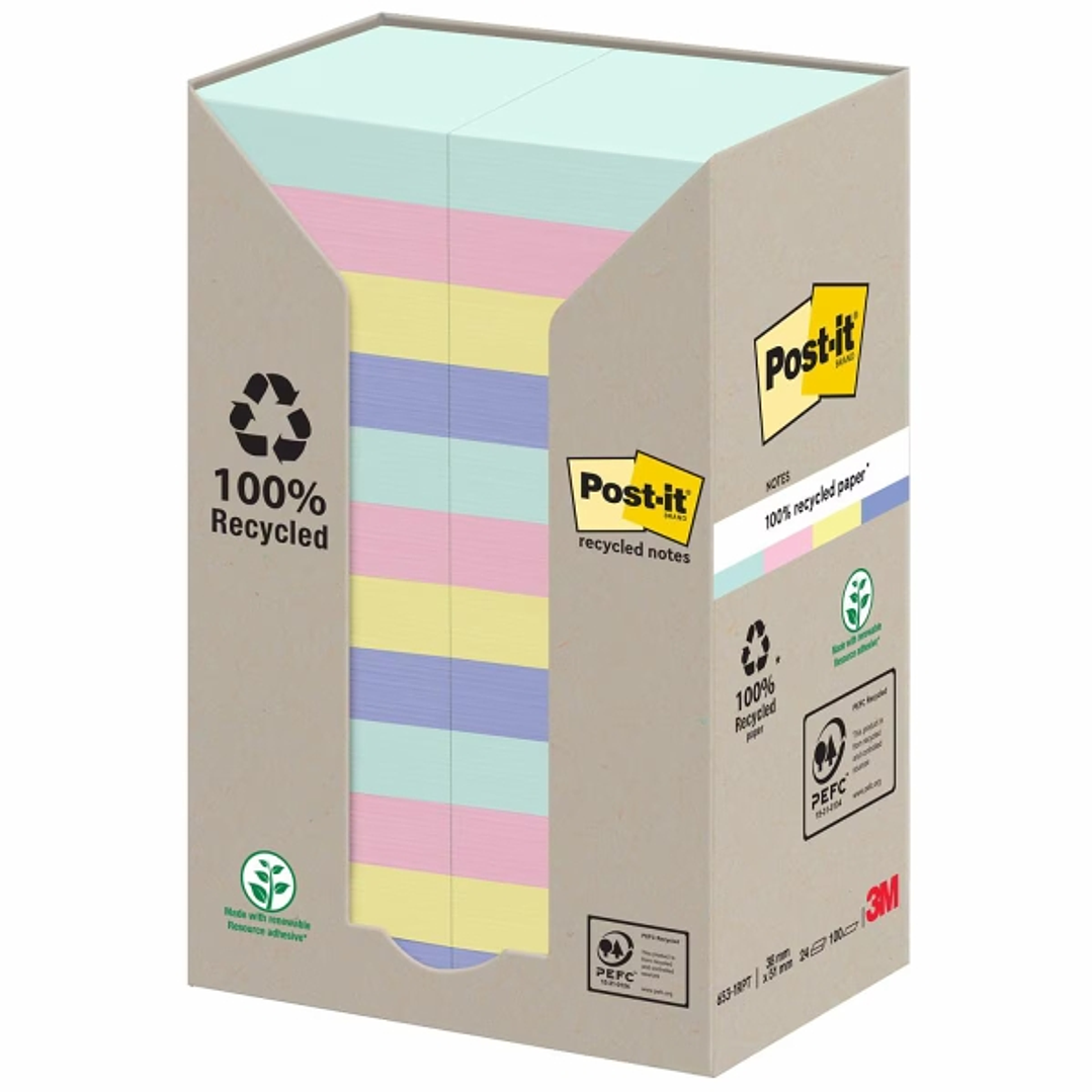 Post-It Pack de 24 Blocs de 100 Notas Adhesivas Recicladas - Forma Rectangular - 51x51mm - Colores Surtidos 1