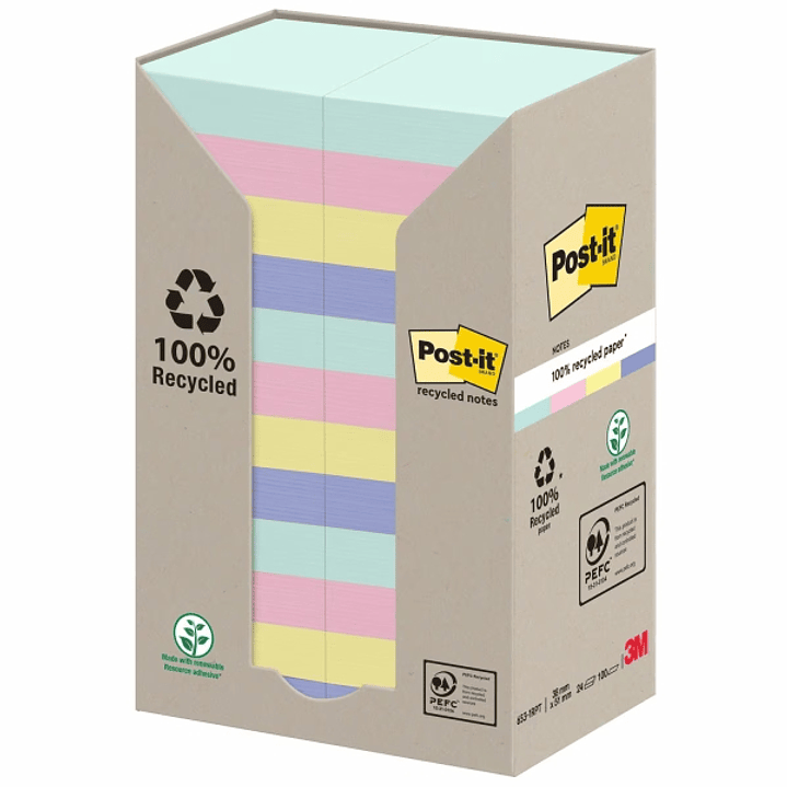 Post-It Pack de 24 Blocs de 100 Notas Adhesivas Recicladas - Forma Rectangular - 51x51mm - Colores Surtidos 1