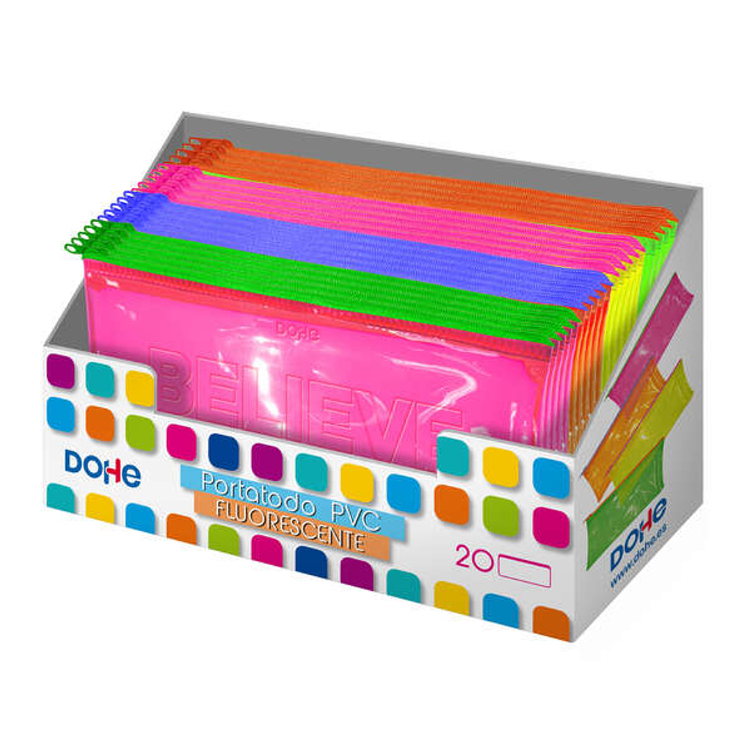 Dohe Expositor con 20 Portatodos Simples Planos - Fabricados en PVC de 280 Micras Transparente Fluorescente - Cierre de Cremallera - Colores Surtidos 1
