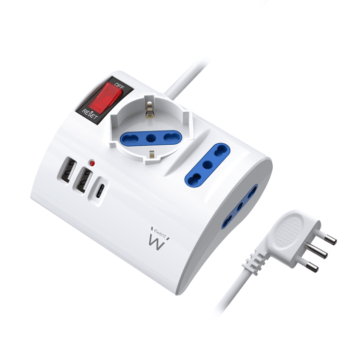 Ewent Regleta con 6 Tomas de Sobremesa - 2 Tomas L + 1 Toma L/F (Schuko) - 2x USB-A - 1x USB-C - Enchufe Italiano Plano en Angulo - Interruptor On/Off 1
