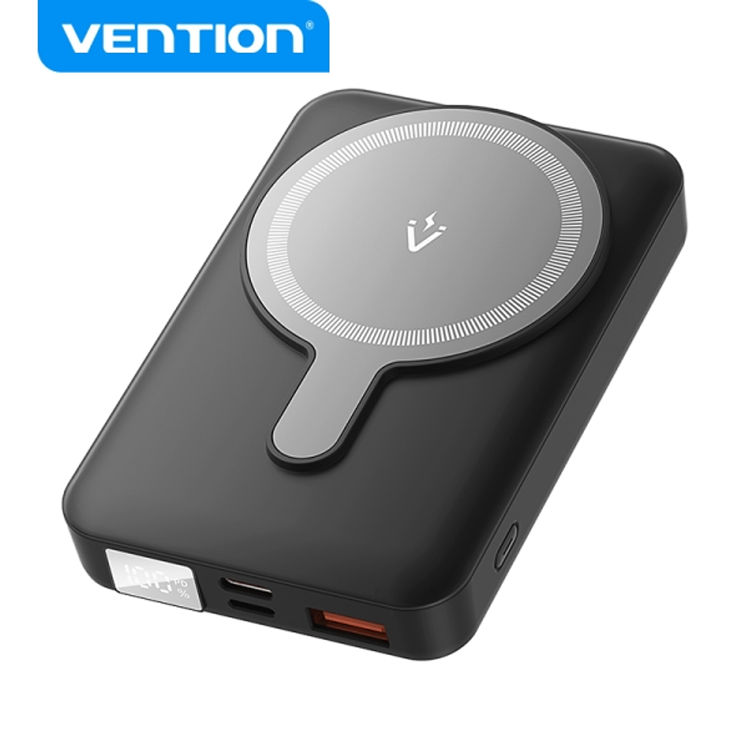 Vention Powerbank Inalambrico Magnetico 10000 mAh - Pantalla LED - Carga Rapida 22.5 W - USB-C/Lightning/USB-A - Color Negro 1