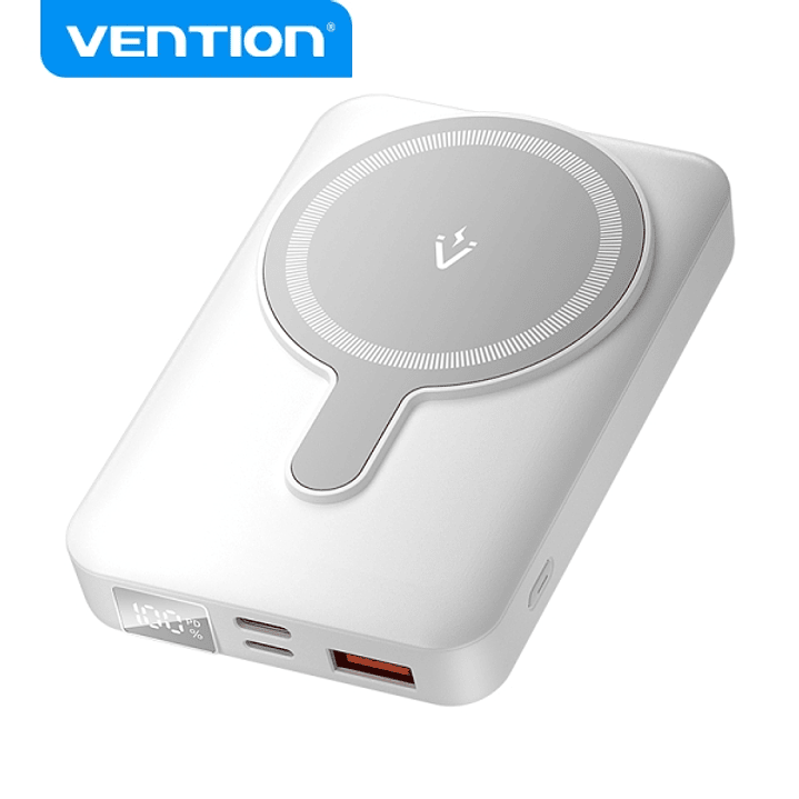 Vention Powerbank Inalambrico Magnetico 10000 mAh - Pantalla LED - Carga Rapida 22.5 W - USB-C/Lightning/USB-A - Color Blanco 1