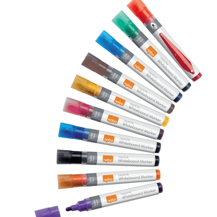 Nobo Pack de 10 Rotuladores para Pizarra Blanca - Punta Redonda 3mm - Tinta Liquida - Ventana para Ver el Nivel de Tinta - Colores Surtidos 1