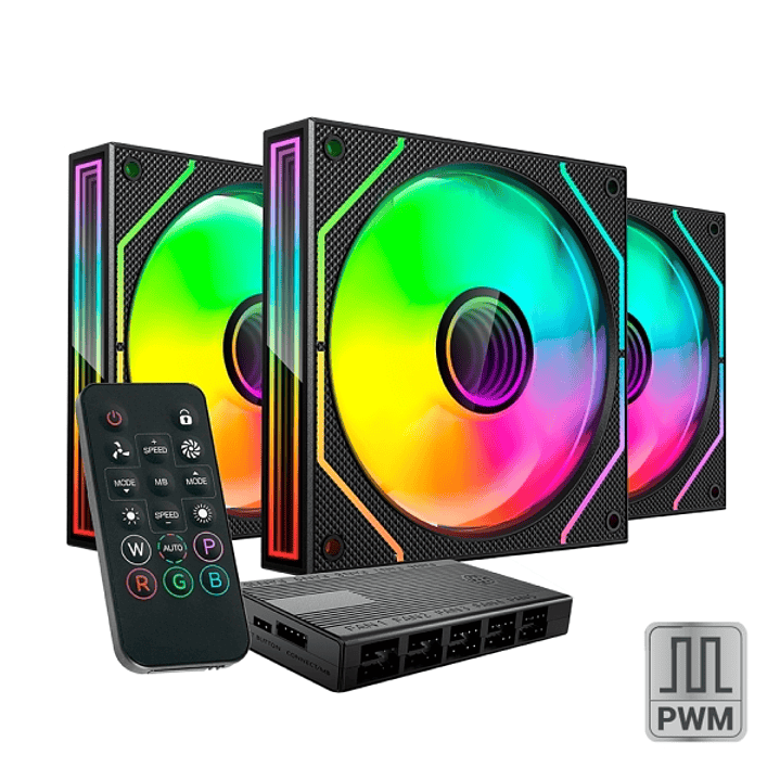 Mars Gaming MF-3DPROKIT Pack de 3 Ventiladores de 120mm - Iluminacion ARGB Infinity Mirror 360º - Silencioso 12dB - Mando a Distancia y Hub ARGB - Col 1