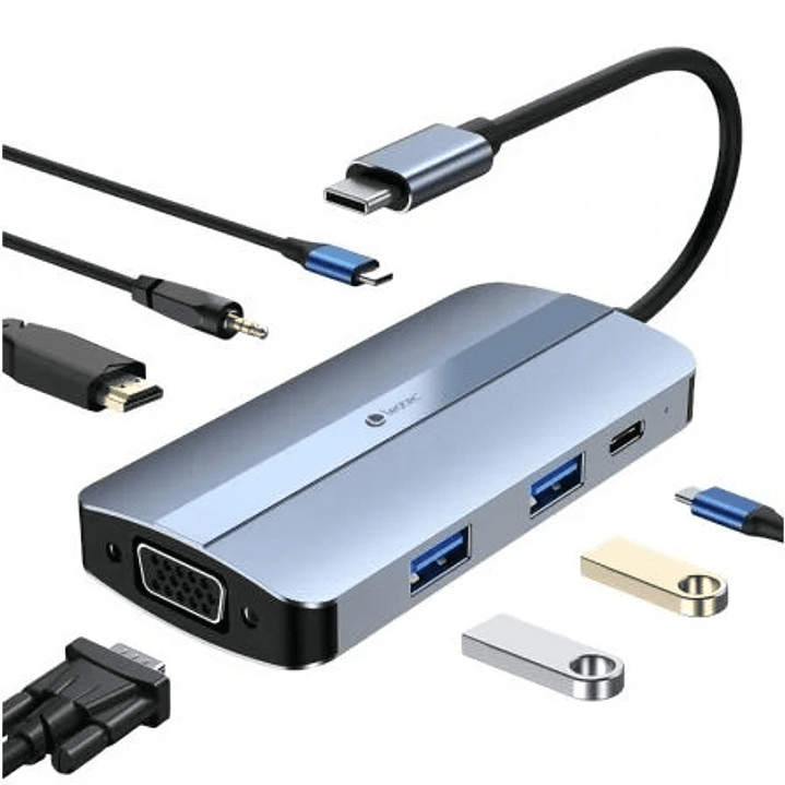 Leotec Adaptador 7 en 1 USB-C a 1xHDMI, 1xVGA, 1xUSB-A 3.0, 1xUSB-A 2.0, 1xUSB-C, 1x USB-C PD, 1xAudio - Color Gris 1