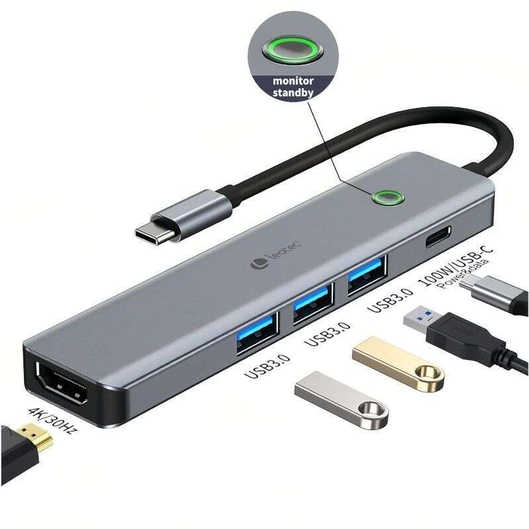 Leotec Adaptador 5 en 1 USB-C a 1xHDMI, 3xUSB-A 3.0,  1xPD 100W+USB-C - Color Gris 1