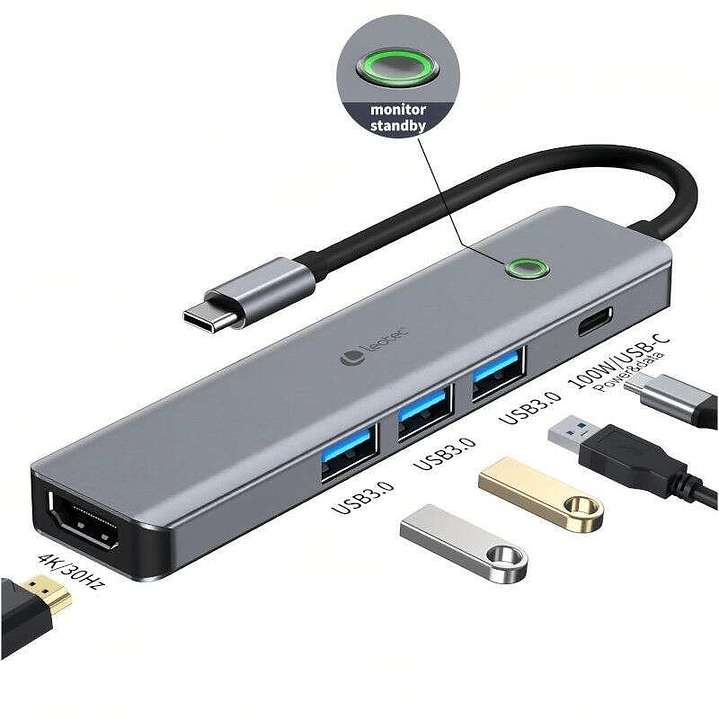 Leotec Adaptador 5 en 1 USB-C a 1xHDMI, 3xUSB-A 3.0,  1xPD 100W+USB-C - Color Gris 1