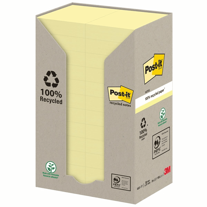 Post-It Pack de 24 Blocs de 100 Notas Adhesivas Recicladas - Forma Rectangular - 51x38mm - Color Amarillo Claro 1