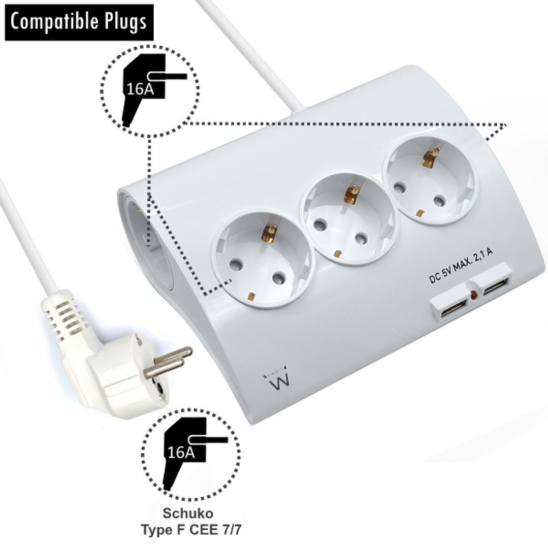 Ewent Regleta de Energia - 5 enchufes - Version Schuko - 16A -  2 Puertos USB - Cable de 1.5m - Color Blanco 1