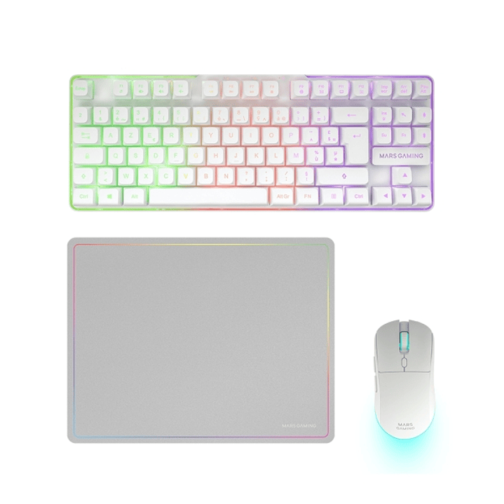 Mars Gaming MCPWTKL Combo Pack Gaming 3en1 - Teclado Hibrido H-Mech Formato TKL - Disposicion QWERTY ES - Raton 3200dpi - Switches HUANO - Color Blanc 1