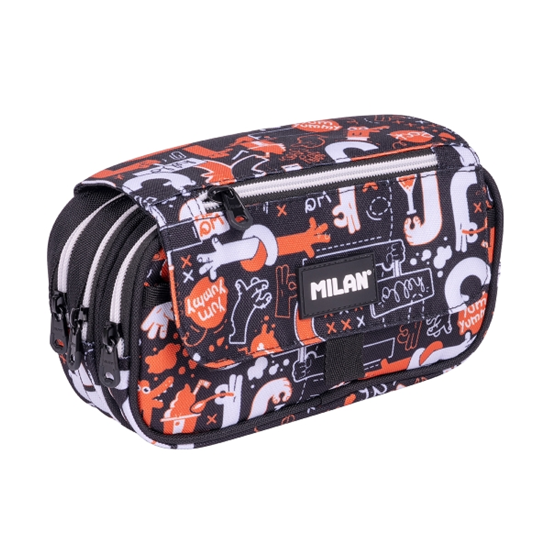 Milan Fingers Estuche Portatodo con Solapa - Cremallera - 4 Compartimentos - 13x24x10cm - Color Naranja 1