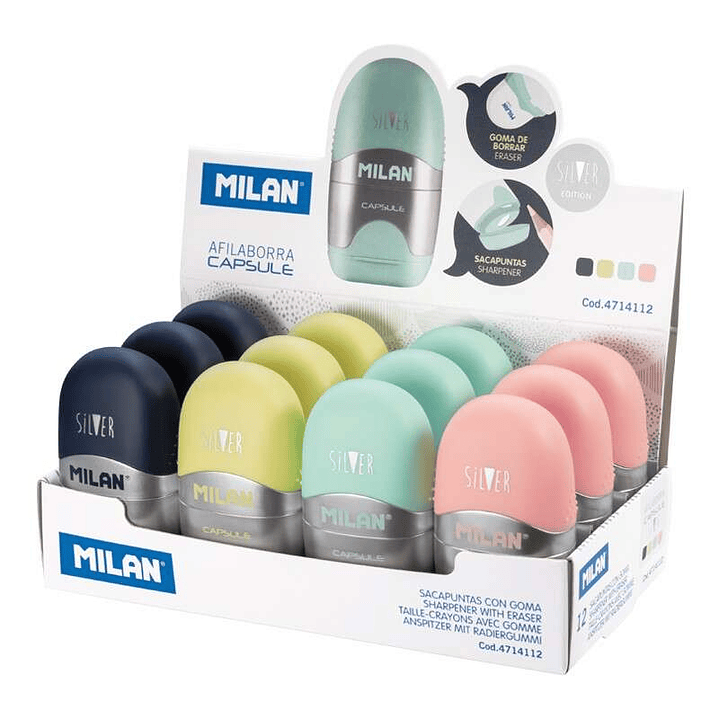 Milan Capsule Silver Expositor de 12 Afilaborras - Cuchilla de Acero - Goma de Borrar - Cuchilla de Seguridad - Colores Surtidos 1
