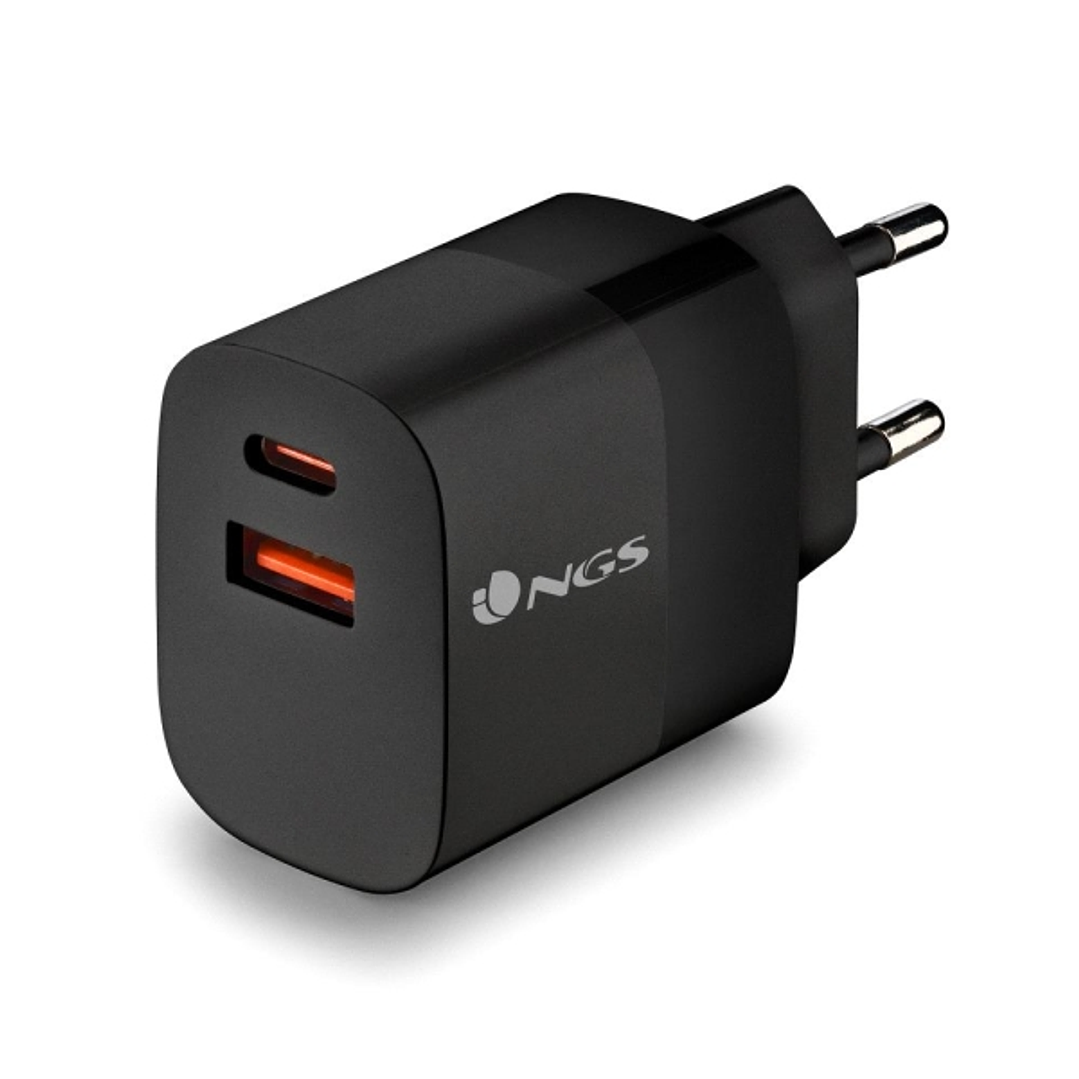 NGS Bud 45W Cargador GaN Universal de Pared 45W Ultrarapido - 1x USB-C PD & PPS, 1x USB-A QC 3.0 - Color Negro 1