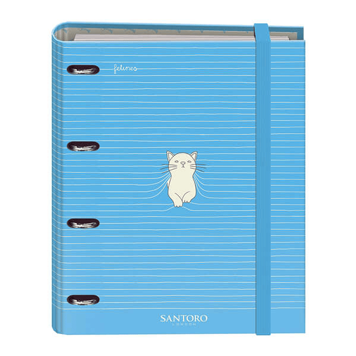 Dohe Santoro Felines Carpeta de 4 Anillas Formato A4 con Recambio de 100 Hojas - 4 Separadores de Colores - Cierre con Goma Elastica - Anillas de 35mm 1