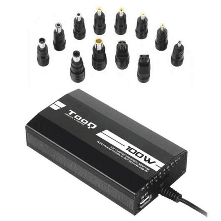 Tooq Cargador Universal para Portatil 100W - USB - 12 Adaptadores - Voltaje 12-24V - Indicador LED 1
