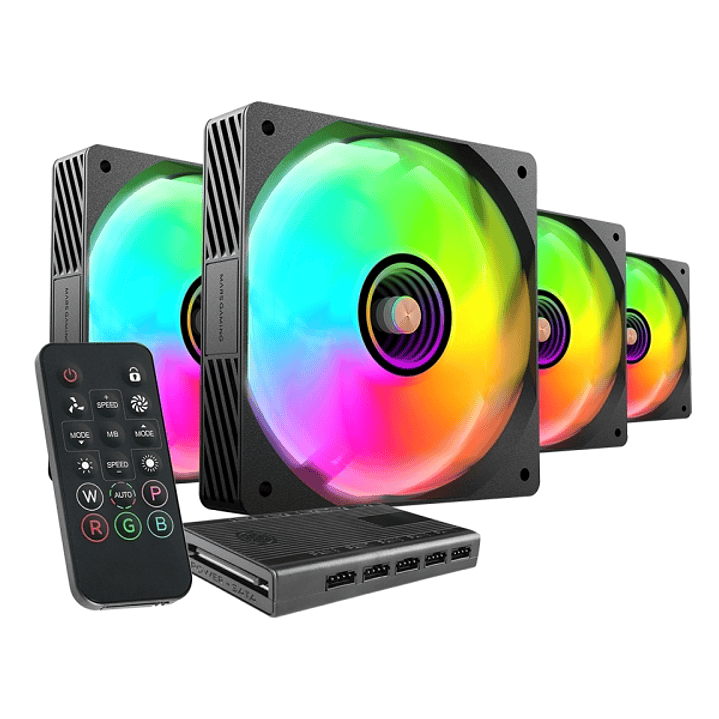 Mars Gaming MF-SI4KIT Pack de 4 Ventiladores de 120mm - Iluminacion ARGB Infinity Mirror - Silencioso 14dB - Mando a Distancia y Hub ARGB - Color Negr 1