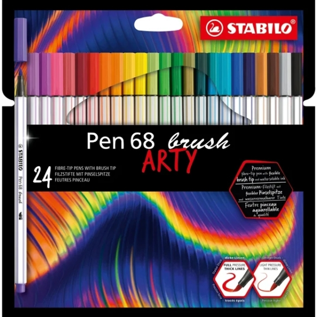 Stabilo Pen 68 Brush Arty Pack de 24 Rotuladores - Punta de Pincel - Tinta a Base de Agua - Colores Surtidos 1