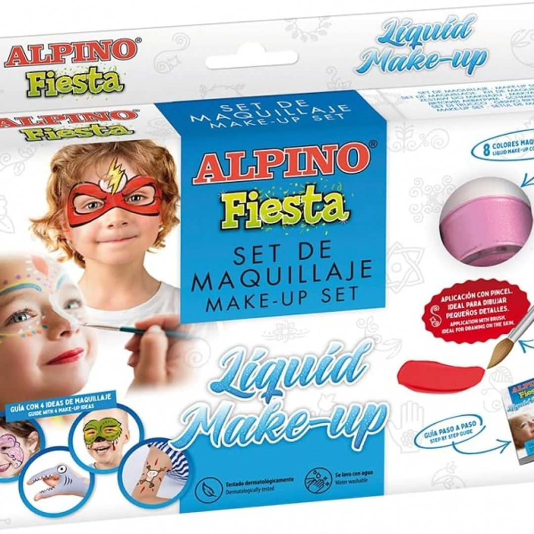 Alpino Fiesta Pack de 8 Botes de Maquillaje Liquido de Diferentes Colores + Pincel + Guia de Ideas - Se Lava con Agua - Testado Dermatologicamente 1