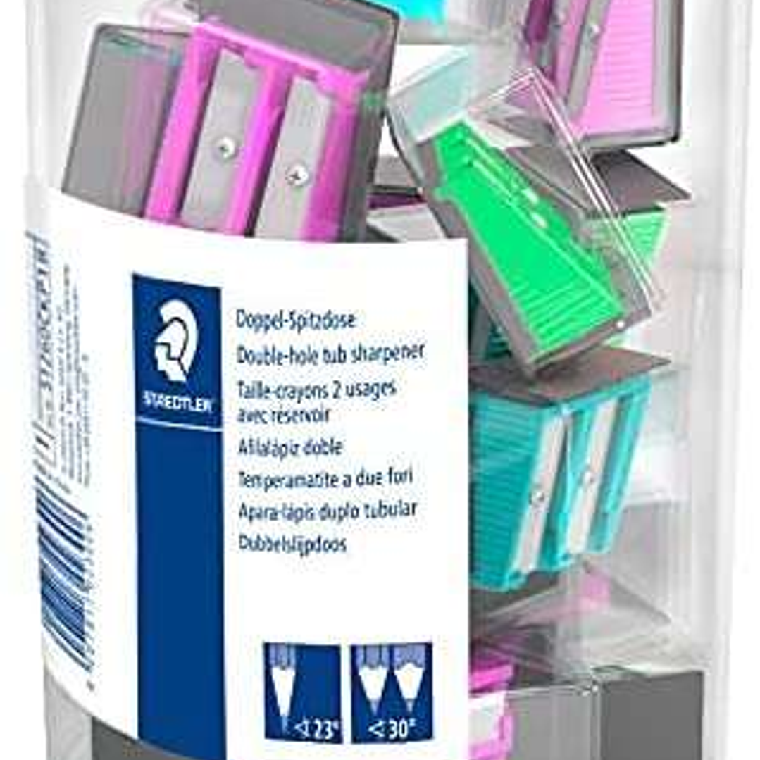 Staedtler Expositor con 18 Sacapuntas de Plastico - 2 Agujeros - Angulo de Afilado 23° y 30° - Colores Surtidos 1