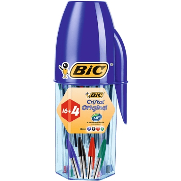 Bic Cristal Original Megatubo con 16+4 Gratis Boligrafos de Bola - Punta redonda de 1mm - Trazo 0.4mm - Tinta con Base de Aceite - Colores Surtidos 1