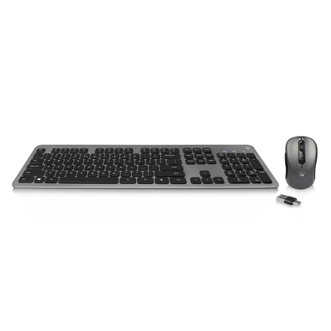 Ewent Pack Teclado + Raton Inalambrico para Oficina - Receptor USB-A 2.4Hz - 1600dpi - Disposicion Portuguesa QWERTY PT - Incluye Pilas AA/AAA - Tecla 1