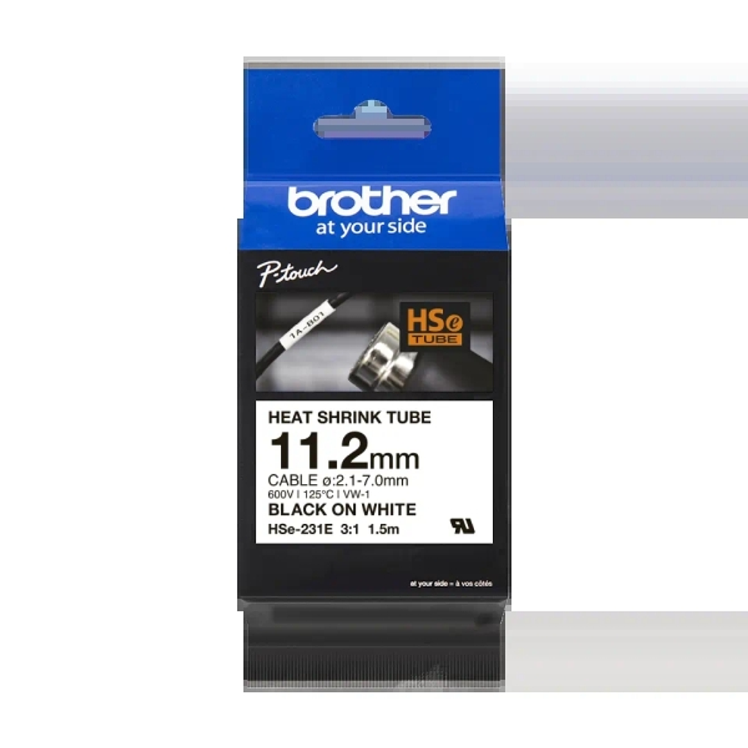 Brother HSe231E Cinta Tubo Termorretractil Original de Etiquetas para Cables - Texto negro sobre fondo blanco - Ancho 11.2mm x 1.5 metros - Cable reco 1