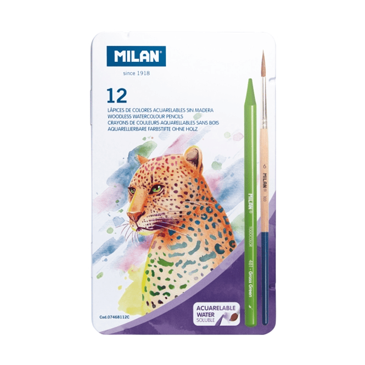 Milan Pack de 12 Lapices de Colores Acuarelables - Caja Metalica - Todo Mina - Incluye Pincel - Colores Surtidos 1