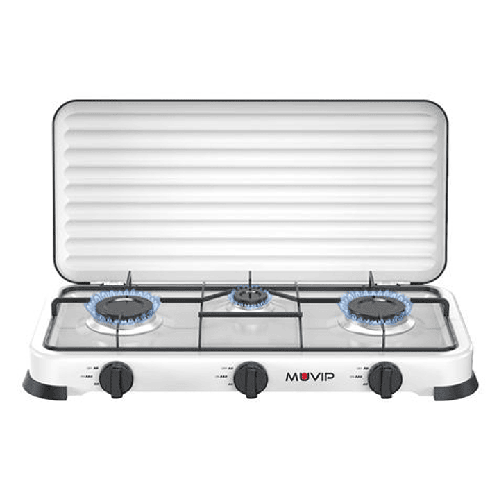 Muvip Vulcano Cocina de Gas con 3 Fuegos - Tapa Protectora - Patas de Goma - Superficie Esmaltada - Quemador Extraible - 57.7x27.8x5.3cm - Color Blanc 1