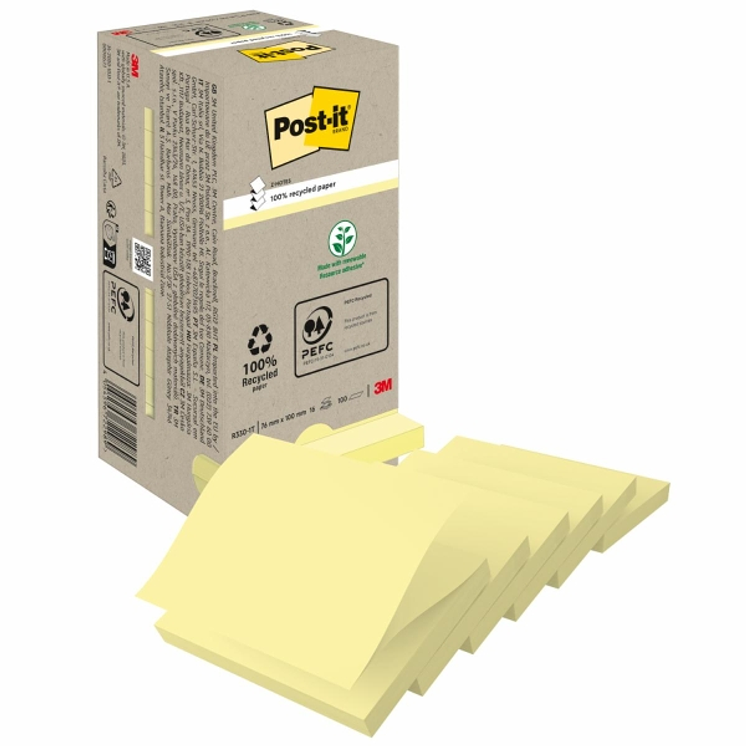 Post-It Pack de 16 Blocs de 100 Z-Notas Adhesivas Recicladas - Forma Cuadrada - 76x76mm - Color Amarillo Claro 1