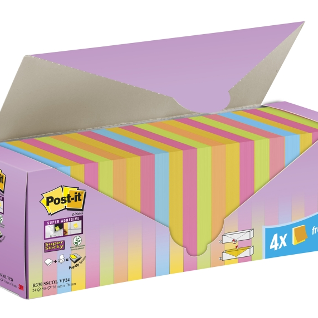 Post-It Super Sticky Pack de 24 Blocs de 90 Notas Adhesivas Reposicionables - Forma Cuadrada - 76x76mm - en Zig-Zag - Colores Surtidos 1