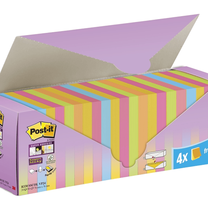 Post-It Super Sticky Pack de 24 Blocs de 90 Notas Adhesivas Reposicionables - Forma Cuadrada - 76x76mm - en Zig-Zag - Colores Surtidos 1