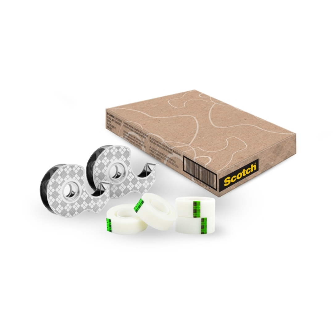 Scotch Dispensador de Pack de 2 Cintas Adhesivas - para Rollos de hasta 19mm x 13.9m - Incluye 4 Cintas Adhesivas - 66% Adhesivo Vegetal - Color Trans 1