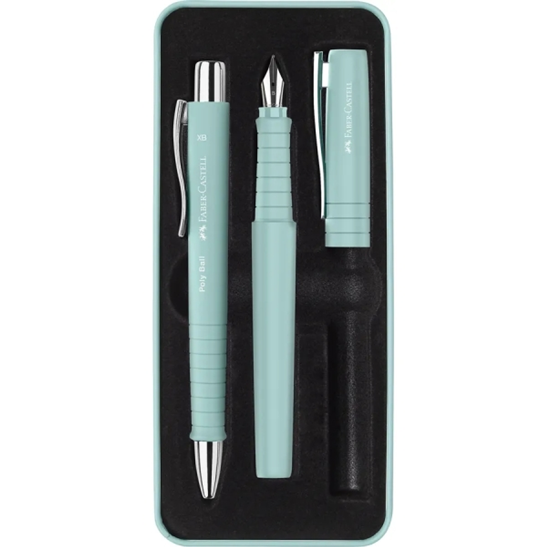 Faber-Castell Poly Pack de Boligrafo Poly Ball y Pluma Estilografica Poly Pen con Plumin B - Clip de Metal - Color Verde Claro 1