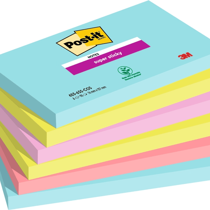 Post-It Super Sticky Pack de 6 Blocs de 90 Notas Adhesivas Reposicionables - Forma Rectangular - Colores Surtidos 1