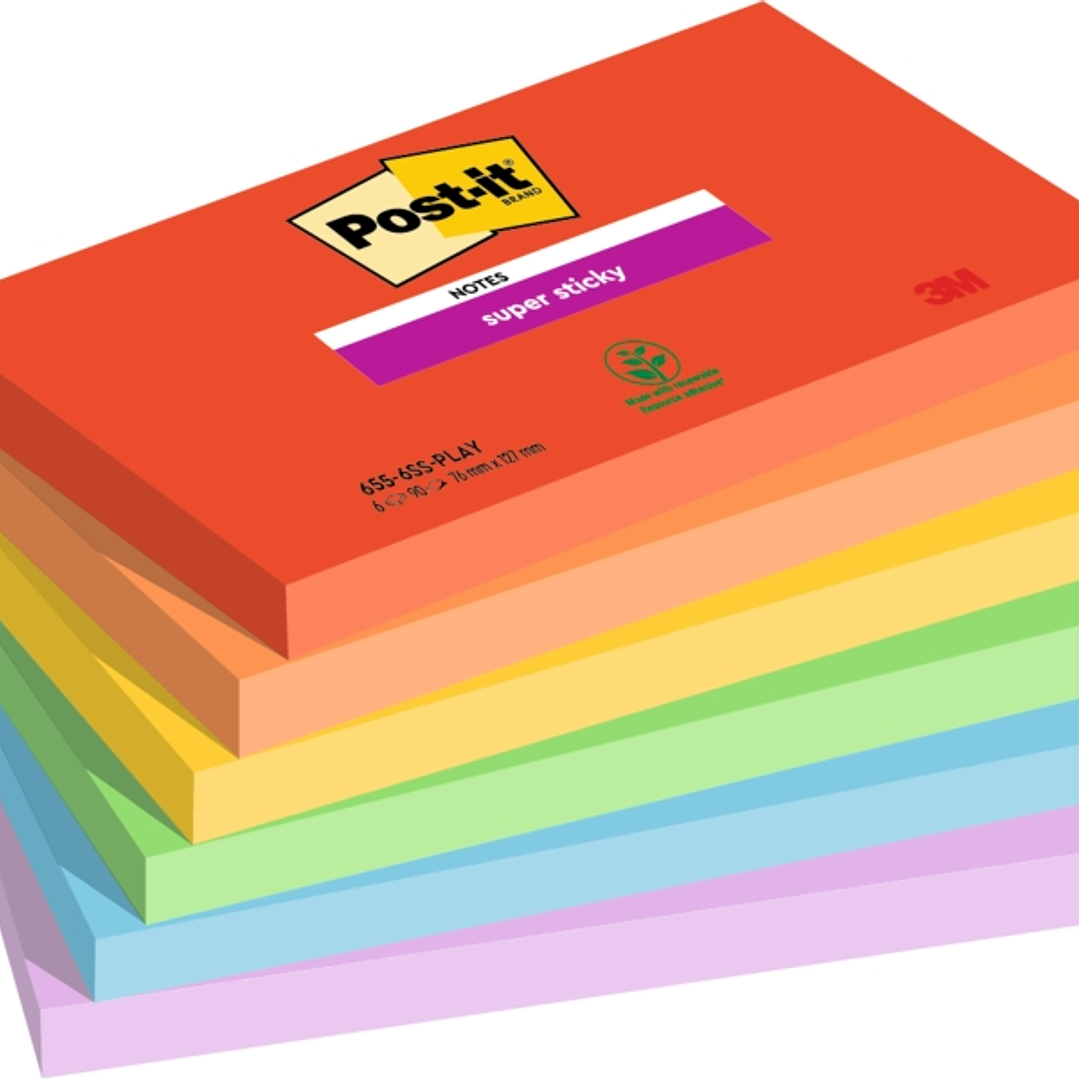Post-It Super Sticky Pack de 6 Blocs de 90 Notas Adhesivas Reposicionables - Forma Rectangular - 127x76mm - Colores Surtidos 1
