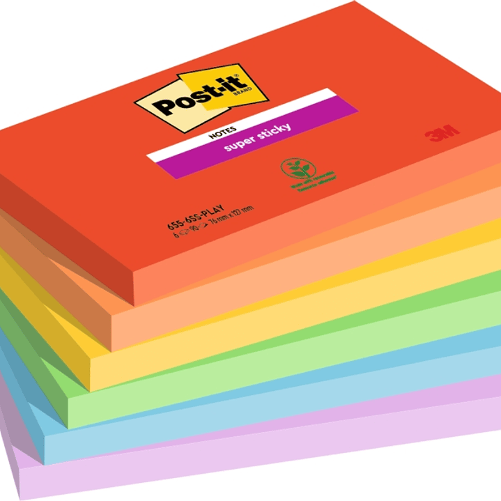 Post-It Super Sticky Pack de 6 Blocs de 90 Notas Adhesivas Reposicionables - Forma Rectangular - 127x76mm - Colores Surtidos 1