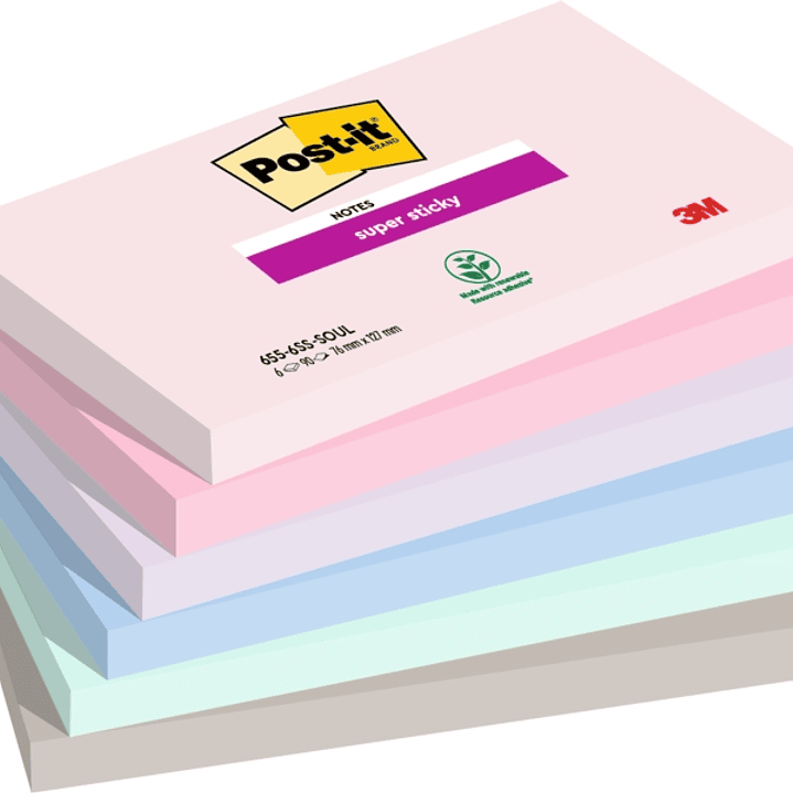 Post-It Super Sticky Pack de 6 Blocs de 90 Notas Adhesivas Reposicionables - Forma Rectangular - 127x76mm - Colores Surtidos 1