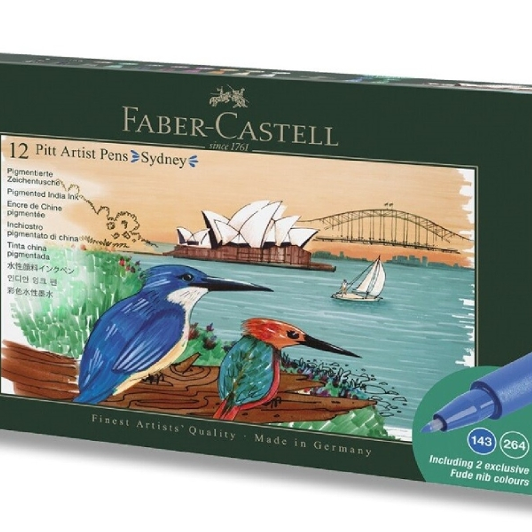 Faber-Castell Pitt Artist Pen Brush City Collection Sydney Estuche con 12 Rotuladores Punta Pincel - Tinta Pigmentada - Alta Resistencia a la Luz - No 1