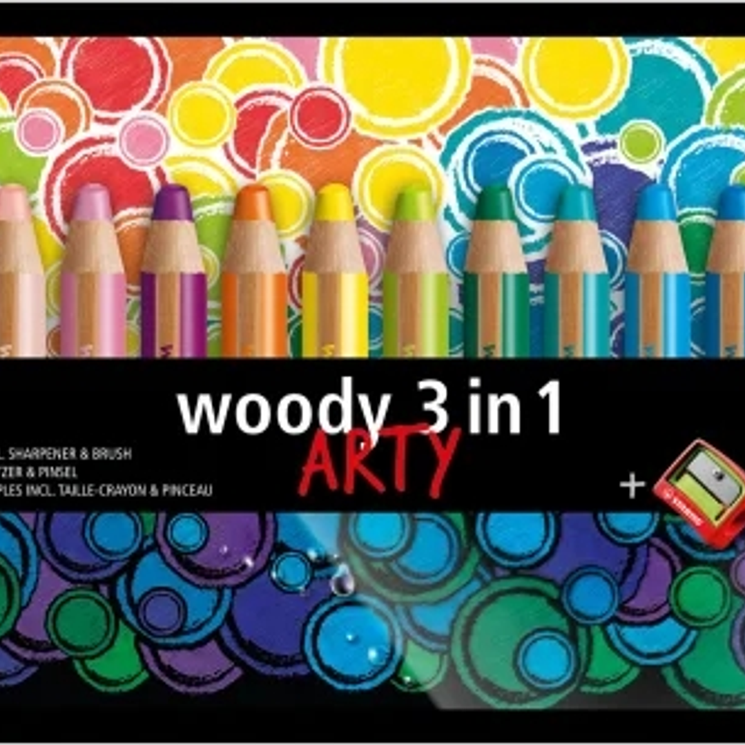 Stabilo Woody 3 en 1 Arty Pack de 18 Lapices de Colores + Sacapuntas + Pincel - Lapiz de Color, Cera y Acuarela, Todo en Uno - Mina XXL 10mm - Colores 1