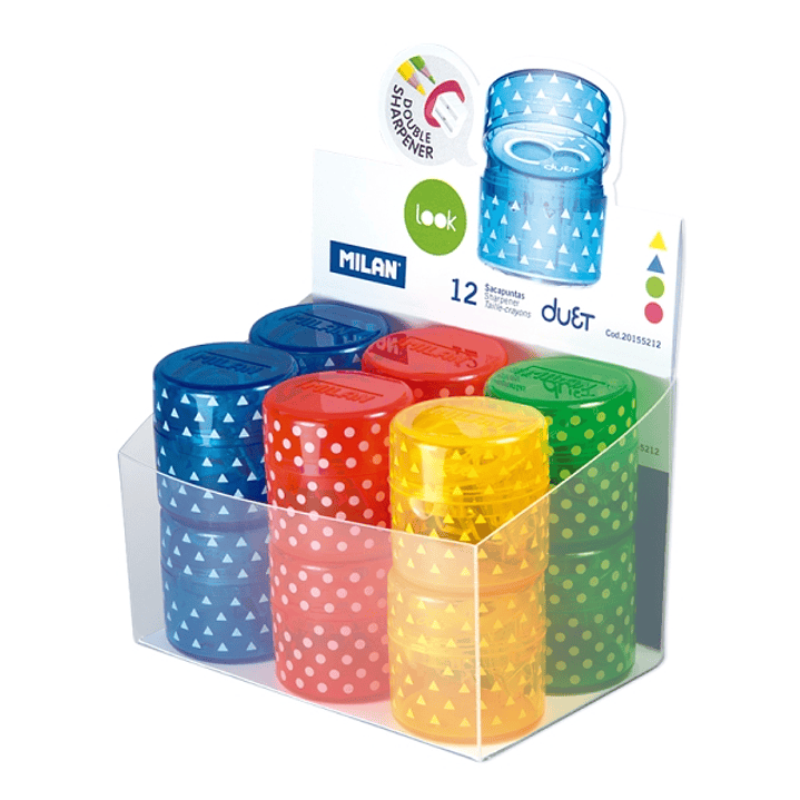 Milan Duet Look Expositor con 12 Sacapuntas Doble - Regular y Maxi - Deposito Integrado - Cuchilla de Acero de Seguridad - Colores Surtidos 1