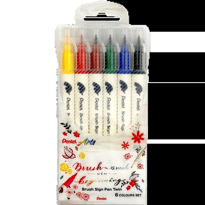 Pentel Brush Sing Pen Twin Pack de 6 Rotuladores con Doble Punta de Pincel Flexible - Punta Ancha 1-4mm, Punta Fina 0,2-2mm - Colores Surtidos 1