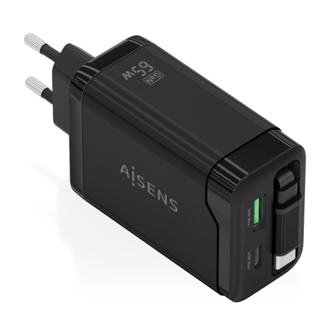 Aisens Cargador GAN 65W - 1xUSB-C PD3.0 y 1xUSB-A QC3.0 + Cable USB-C Retractil - Color Negro 1