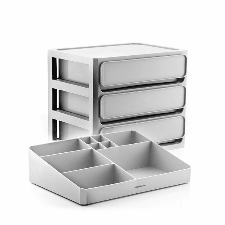 Innovagoods Makeser Organizador de Maquillaje - 3 Cajones - Bandeja Extraible con 9 Compartimentos - 26x29x19.5cm - Color Gris 1
