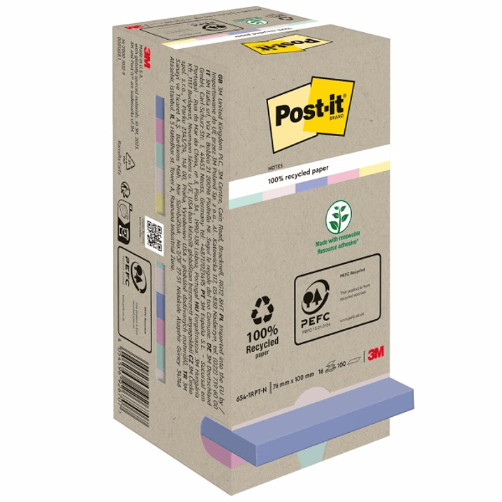 Post-It Pack de 16 Blocs de 100 Notas Adhesivas Recicladas - Forma Cuadrada - 76x76mm - Colores Surtidos 1